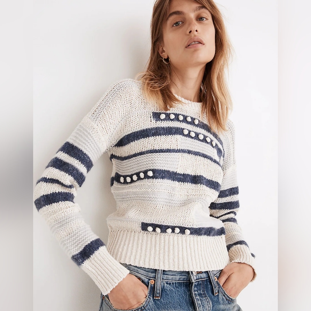 Madewell Grandover Bobble Pullover Sweater Blue/White Small (w merino, alpaca)